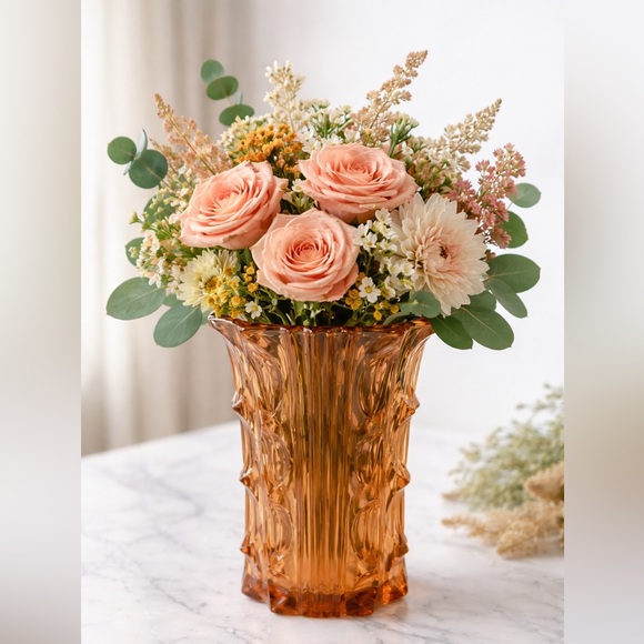 Artdeco Stolze vase pink peach pressed glass 1930's | Art Deco Style | 8” Tall - Picture 2 of 11